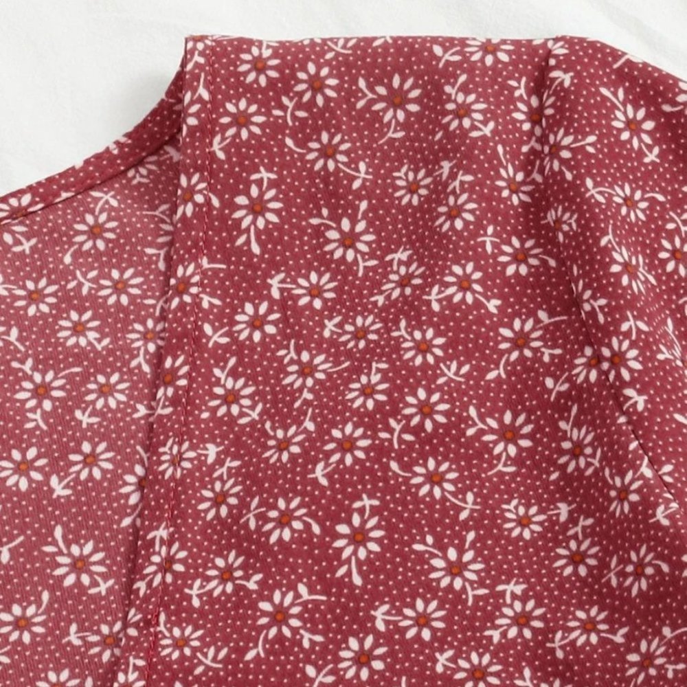 Boho Floral print front tie babydoll peplum crop top ROSE RED - Picture 4 of 8